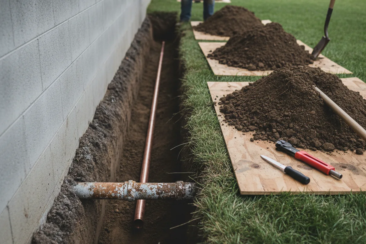 Excavated water line trench during Sewer Line Repair in Pedricktown